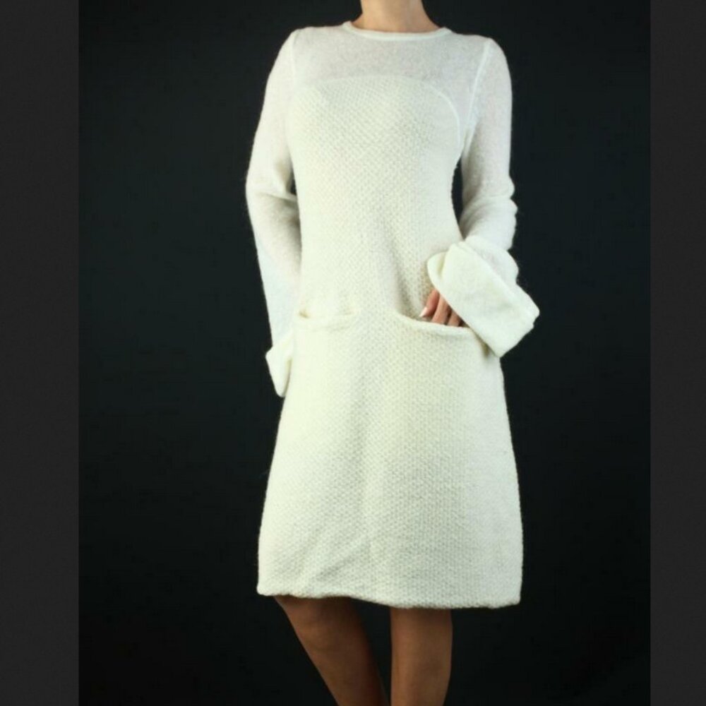 🤍 Free People Cream Wool Sweater Dress w/ Bell Sleeves & Pockets – Cozy Chic!